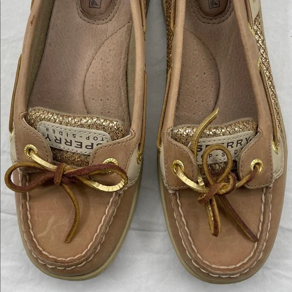 Sperry Angelfish Topsiders Glittery Gold and Tan Boat Loafers. 6.5M. - Picture 6 of 11